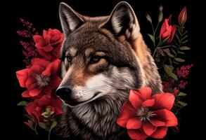 retrato de un lobo con rojo flores en un negro antecedentes. generativo ai foto