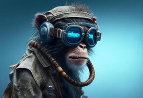 gracioso mono vestido como aviador con casco y gafas de protección en el la carretera generativo ai foto