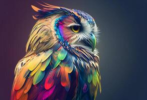 Colorful owl portrait on a dark background. 3d illustration. photo