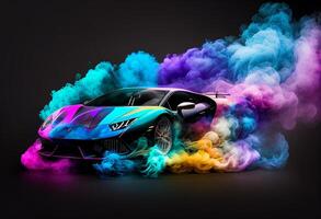 3D rendering of a sports car with colorful smoke on a black background photo