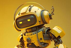 3D rendering of a cute yellow robot on a yellow background with copy space photo