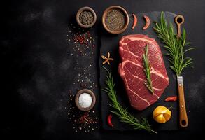 Raw beef steak with spices and herbs on black background. Top view photo