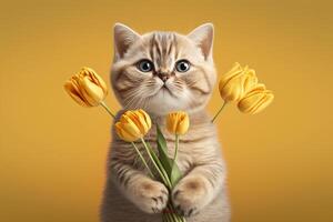 Cute kitten with a bouquet of yellow tulips on a green background. generative ai photo