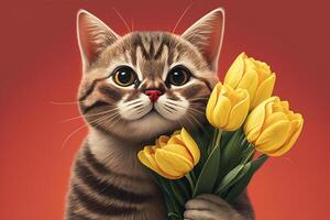 Cute kitten with a bouquet of yellow tulips on a green background. photo