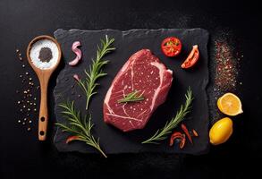 Raw beef steak with spices and herbs on black background. Top view photo