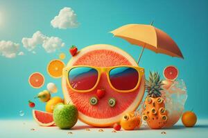 Fruits under umbrella on the beach. summer concept 3D rendering photo