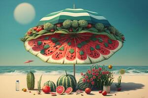 Fruits under umbrella on the beach. summer concept 3D rendering photo