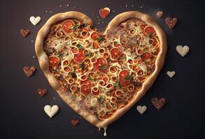 corazón conformado Pizza con pepperoni, salami y queso Mozzarella en oscuro antecedentes generativo ai foto