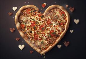 Heart shaped pizza with pepperoni, salami and mozzarella on dark background photo