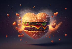 Big hamburger with flying hearts. Concept of love. 3d rendering generative ai photo