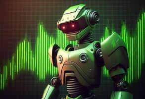 3d render of robot and stock market chart on dark background. photo