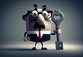 Real estate concept, Businessman holding a key in his hand. 3d cartoon illustration. photo