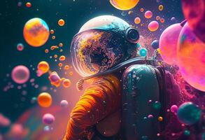 Astronaut in outer space with colorful planet. 3D rendering photo