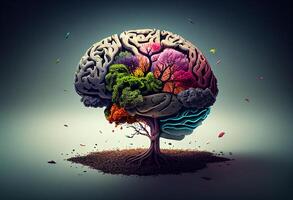 Conceptual image of human brain made of colorful autumn leaves. photo