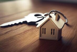 House key with keychain on wooden background. Real estate concept. photo