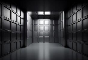 3d rendering of abstract interior. Dark empty room with metallic walls. photo