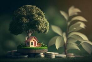 House with a tree growing out of a pile of coins. 3D rendering photo