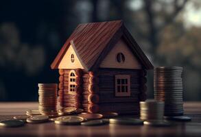 Mortgage concept by money house from coins on wooden table. photo