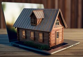 Real estate concept. Wooden house model on laptop screen. 3d illustration photo