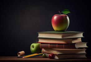 Back to school concept. Stack of books, pencils, apple and rocket. 3d illustration photo