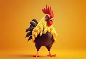 3d rendering of a rooster on a yellow background with copy space photo