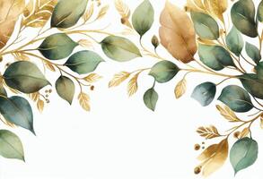 Watercolor hand painted floral background with green leaves and branches. Illustration photo