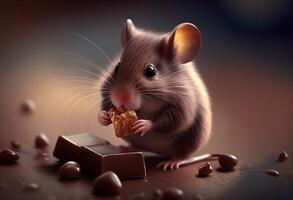 marrón ratón con chocolate golosinas en oscuro antecedentes. 3d ilustración generativo ai foto