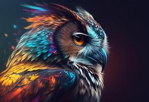 Colorful owl portrait on a dark background. 3d illustration. generative ai photo