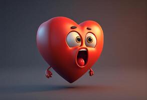 Heart character with surprised expression, 3d illustration, over gray background photo