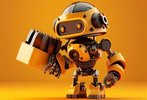 3D rendering of a cute yellow robot on a yellow background with copy space photo