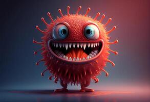 Red cartoon virus character with eyes and mouth. 3d illustration. photo