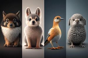 group of pets in front of a black background. 3d rendering photo