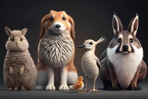 grupo de mascotas en frente de un negro antecedentes. 3d representación generativo ai foto