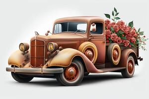 Clásico camión con flores en aislado antecedentes. 3d representación. generativo ai foto