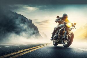 motocicleta jinete en el la carretera en el montañas a puesta de sol tiempo. generativo ai foto