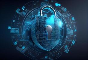 Cyber security concept with padlock on blue background. 3D rendering photo