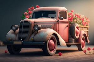 Vintage truck with flowers on isolated background. 3D rendering. photo