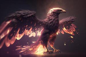 3d rendering of an eagle flying in the dark with fire and smoke photo