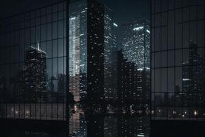 Double exposure of skyscrapers in the city at night with reflection photo