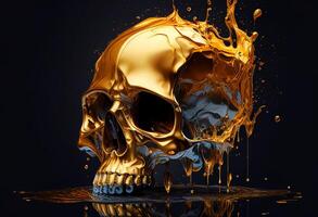 Golden skull with oil splashes on black background. 3d render photo