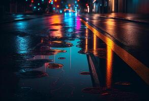 noche ciudad calle con mojado asfalto y reflexiones de neón luces. 3d representación generativo ai foto