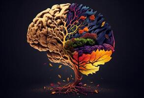 Conceptual image of human brain made of colorful autumn leaves. photo