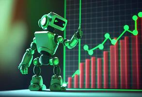 3d render of robot and stock market chart on dark background. photo