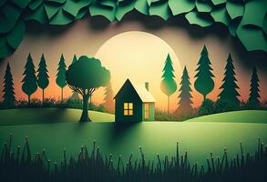 illustration of green forest with house at sunset. Paper art style. photo