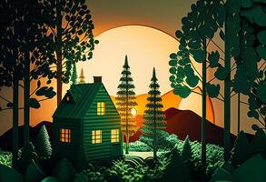 illustration of green forest with house at sunset. Paper art style. photo