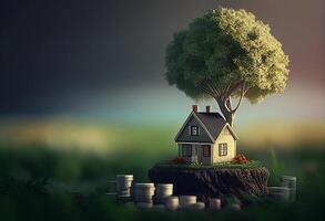 casa con un árbol creciente fuera de un pila de monedas 3d representación generativo ai foto