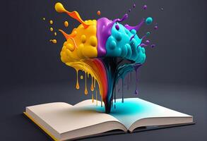 abierto libro con vistoso pintar salpicaduras humano cerebro . 3d ilustración generativo ai foto