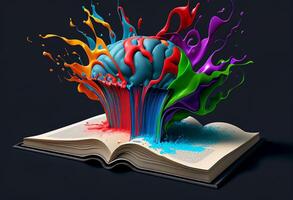 abierto libro con vistoso pintar salpicaduras humano cerebro . 3d ilustración generativo ai foto
