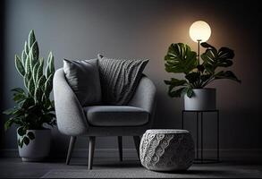 Modern living room interior with dark armchair and plant. 3d render photo