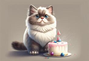 Cute cat with birthday hat on gray background, 3d rendering photo